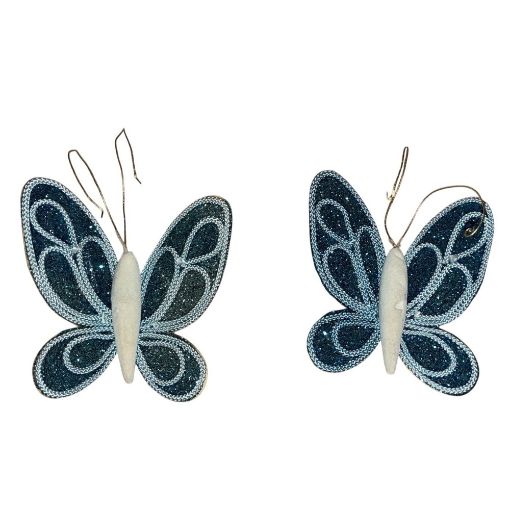 Butterfly Christmas Ornaments Blue Clip 2 pc 3x4" Wolin Made In Japan Vtg *flaws